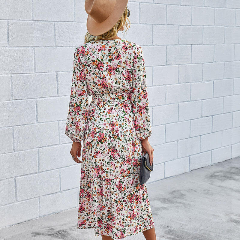 OL Printed Tie Waist Midi Dress