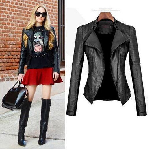 Turn Down PU Leather Womens Jacket