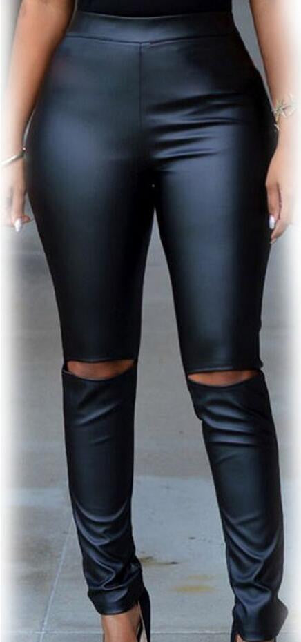 Black PU Holes Elastic Waist Pencil Pants