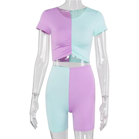 Sexy Color Block Short Sleeve Bodycon Two Pieces Set