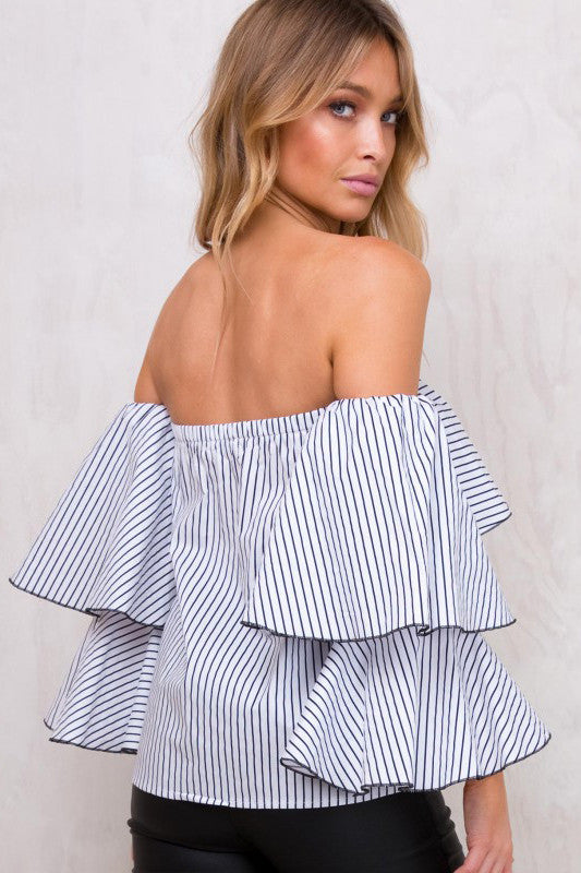 Stripe Off Shoulder Long Trumpet Sleeves Blouse