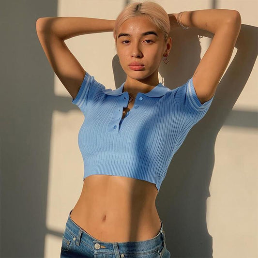 Knit Short Sleeve High Waist Bodycon Button Two Pieces Set