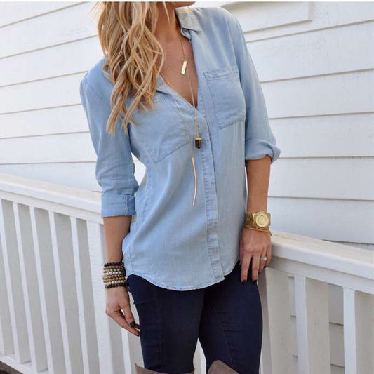 V-neck Pure Color Long Sleeves Denim Blouse