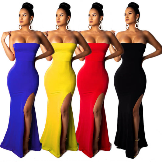 Strapless Slit Backless Bandage Bodycon Ruffle Maxi Dress