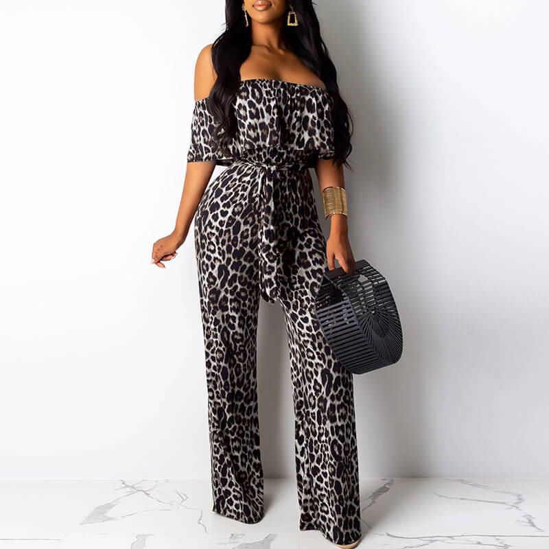 Leopard Off Shoulder Wide Leg Jumpsuits