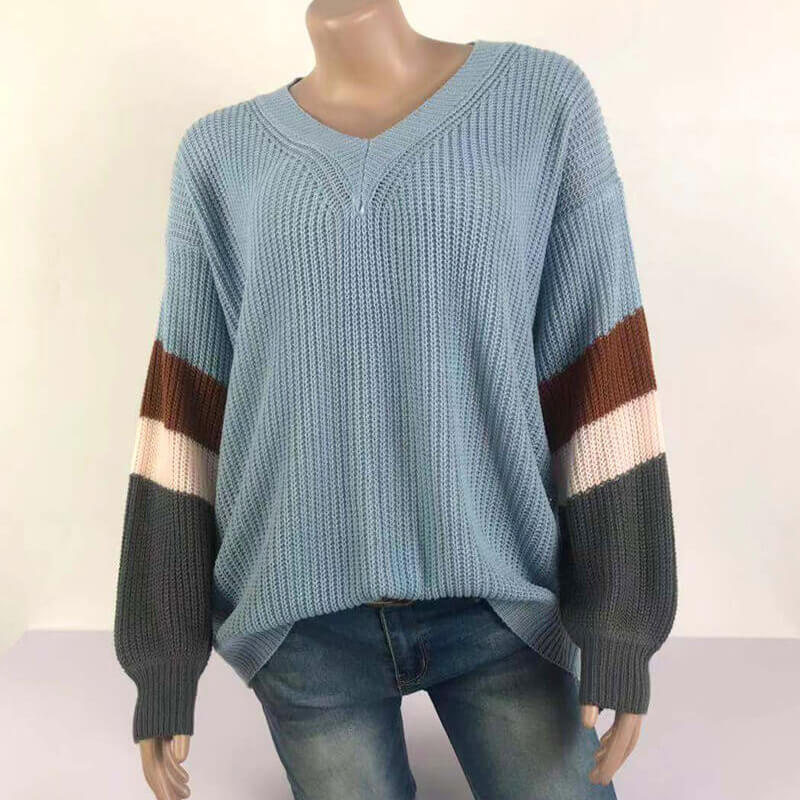 V-Neck Lantern Sleeve Striped Women Sweater