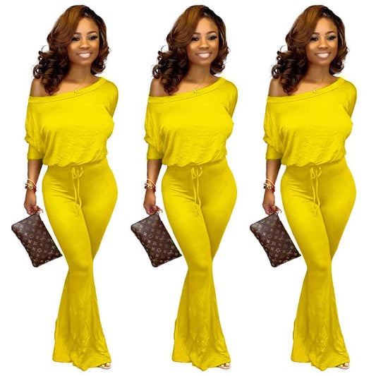 One Shoulder T-shirts High Waist Bell Bottom Pants Set