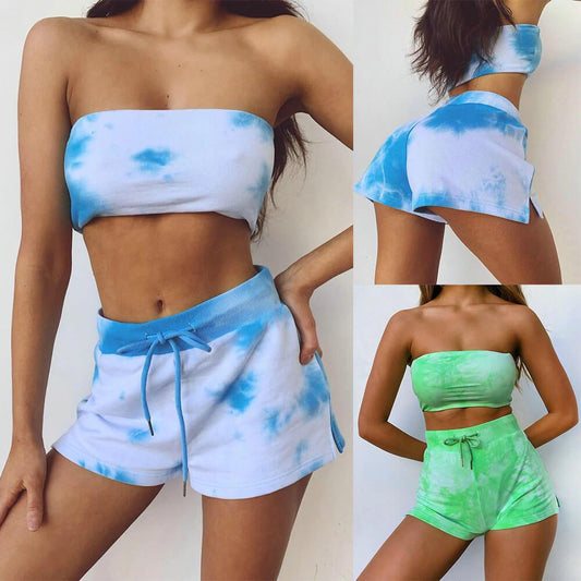 Sexy Tie dye Strap Strapless Two Pieces Set