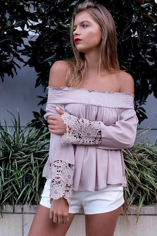 Off Shoulder Lace Pure Color Pleated Blouse