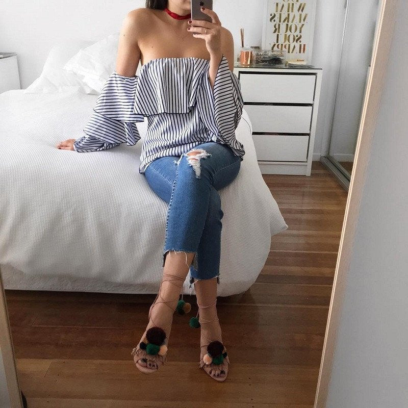 Stripe Off Shoulder Long Trumpet Sleeves Blouse