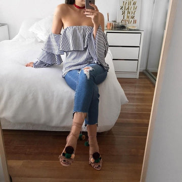 Stripe Off Shoulder Long Trumpet Sleeves Blouse