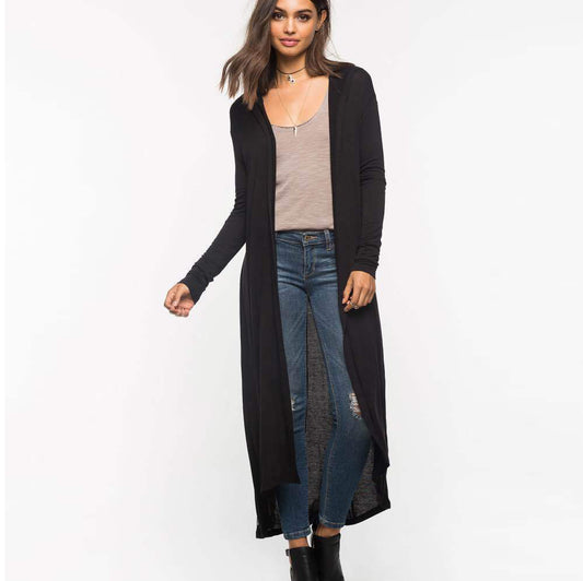 Pure Color Hooded Cardigan Long Sleeves Slim Long Outwear