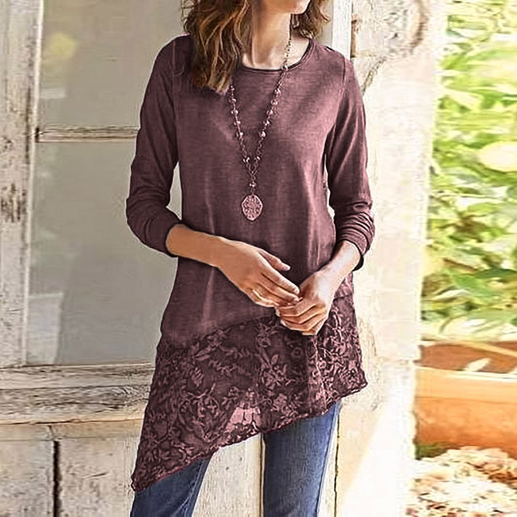 Irregular Lace Scoop Long T-shirt