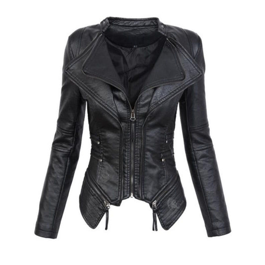 Slim Lapel Women Irregular Motorcycle PU Jacket