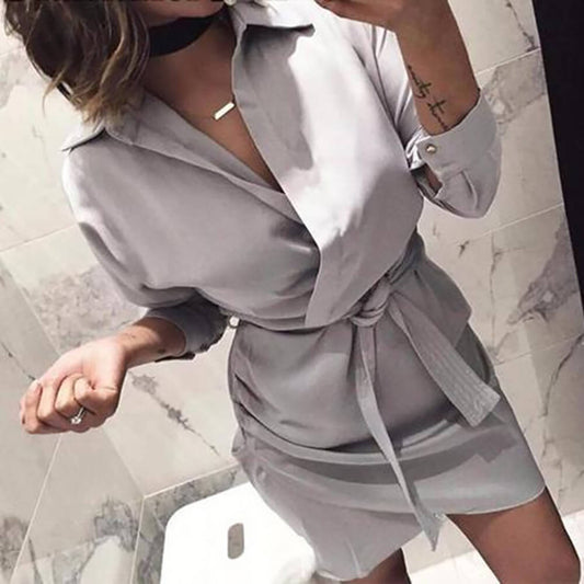 Casual Long Sleeve Belt Ruched Shirt Dress