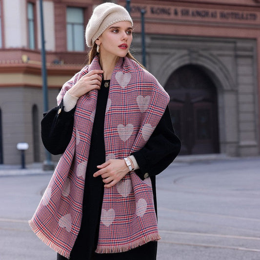 Heart Printed Plaid Tasseled Thick Warm Shawl Scarf