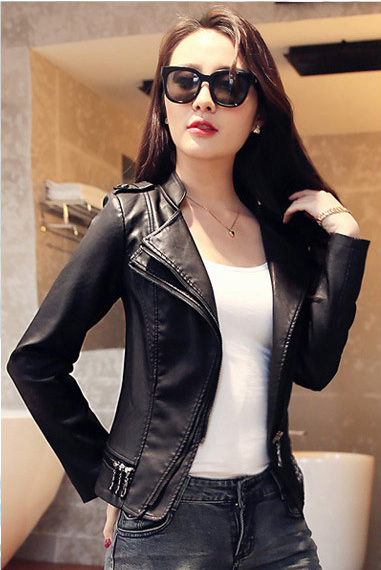 Slim Oblique Zipper Lapel Crop Jacket - Meet Yours Fashion - 1