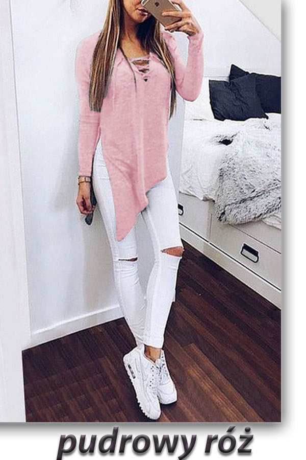 Irregular V-neck Pure Color Long Sleeves Long Blouse