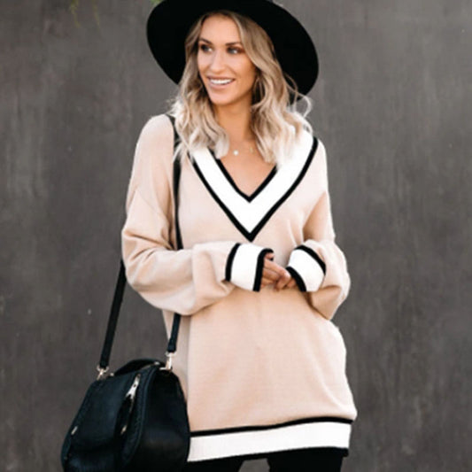 V Neck Patchwork Knit Sweater