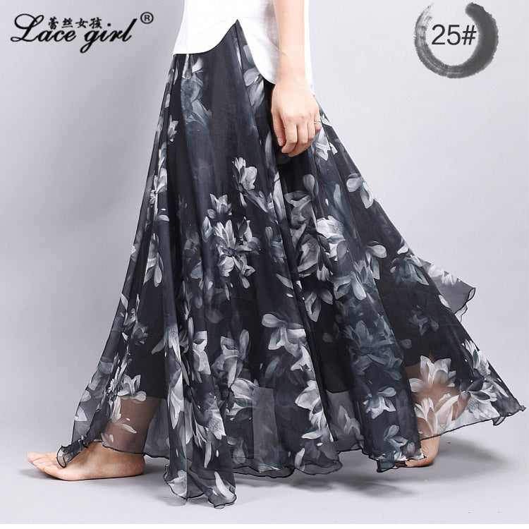 Flower Print High Elastic Waist Loose Long Beach Swing Skirt