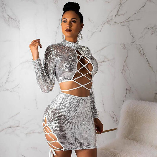 Hollow Crop Top Bright Short Skirt Set