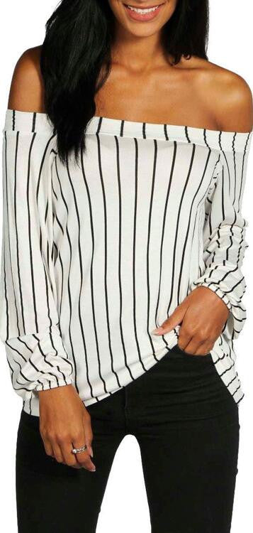 Sexy Off Shoulder Long Sleeve Stripe White Blouse