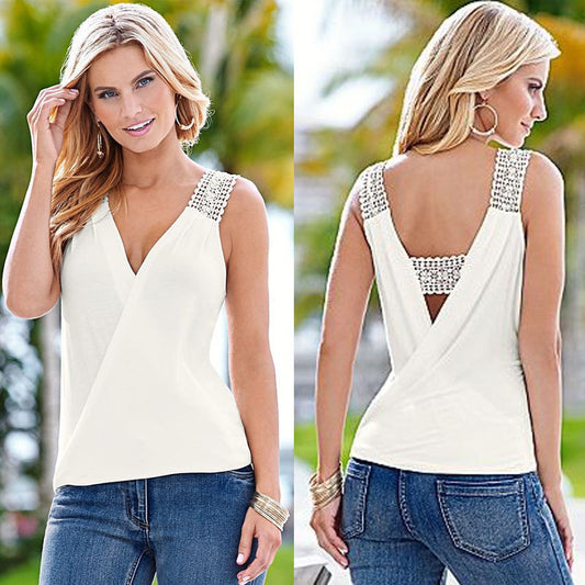 V-neck Pure Color Lace Chiffon Patchwork Regular Tank Top