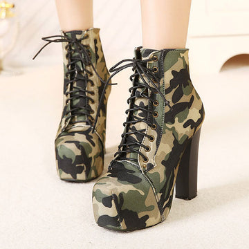 Camouflage Lace Up Platform Chunky High Heels Short Boots