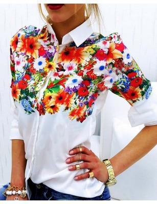 Flower Print Turn Down Collar Long Sleeves Slim Blouse - Meet Yours Fashion - 1