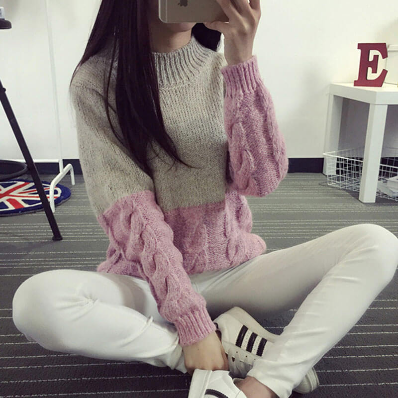 Cable Knit Colorblock Chunky Sweater 