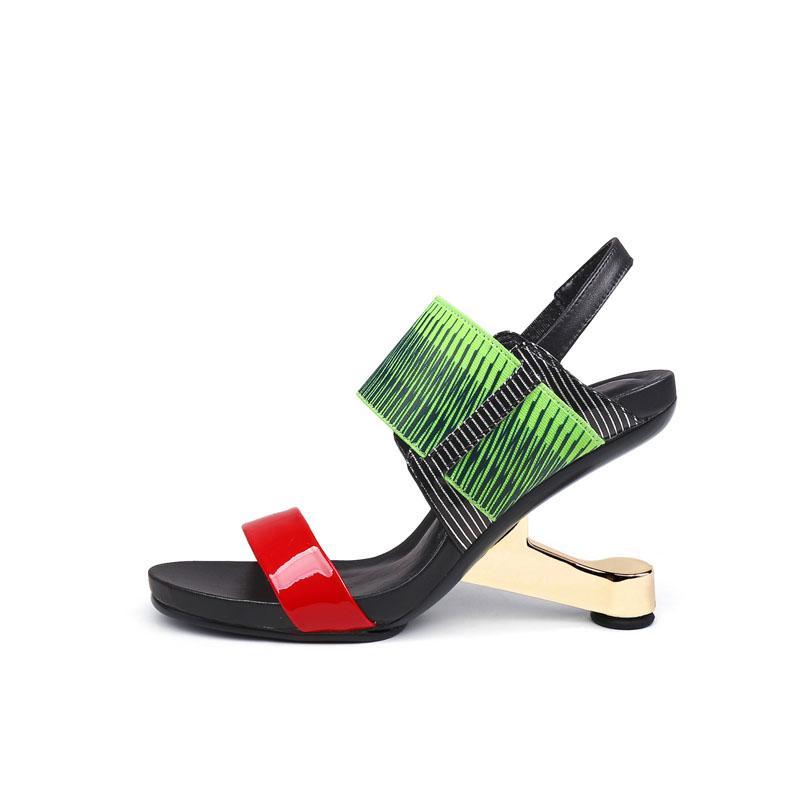 Leather Open Toe Color Block Special Shaped Heel Sandals