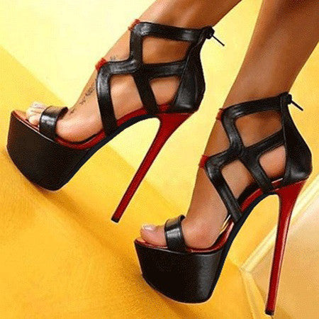 Hollow Out PU High Heels Platform Sandals