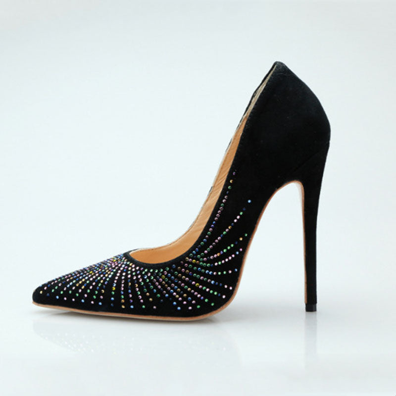 Sexy Black Leather Rhinestone Point Toe Pumps