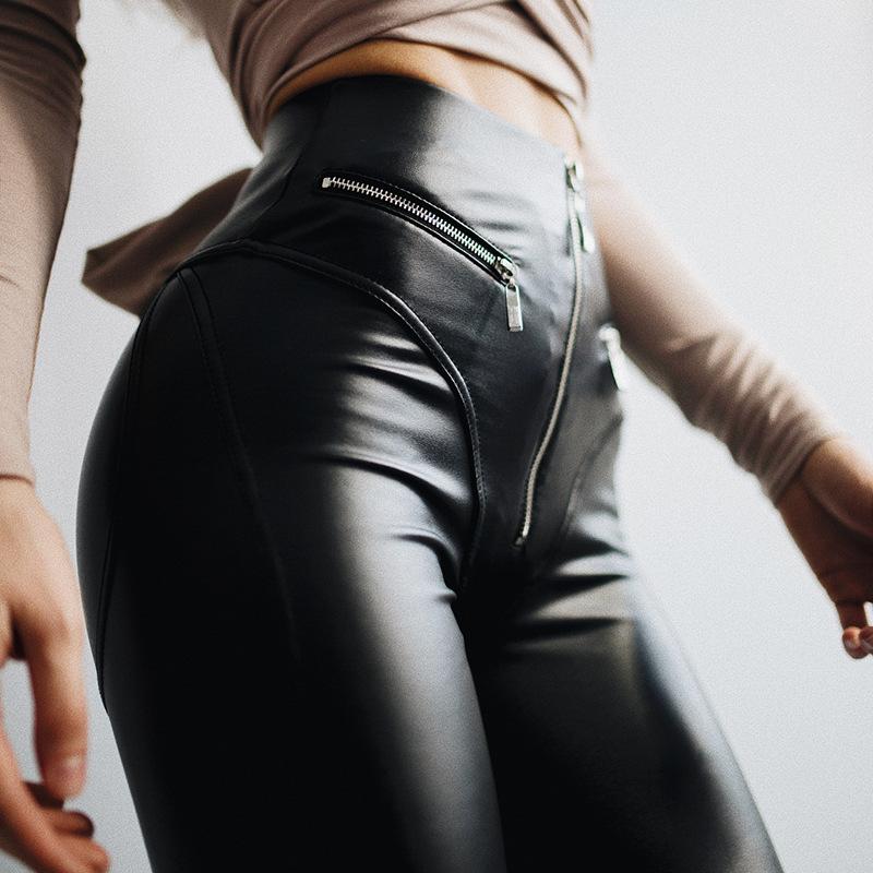 PU Solid Black Color Zipper Women Skinny Legging