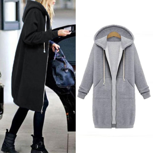 Pure Color Zipper Drawstring Pockets Women Oversized Hooded Coat