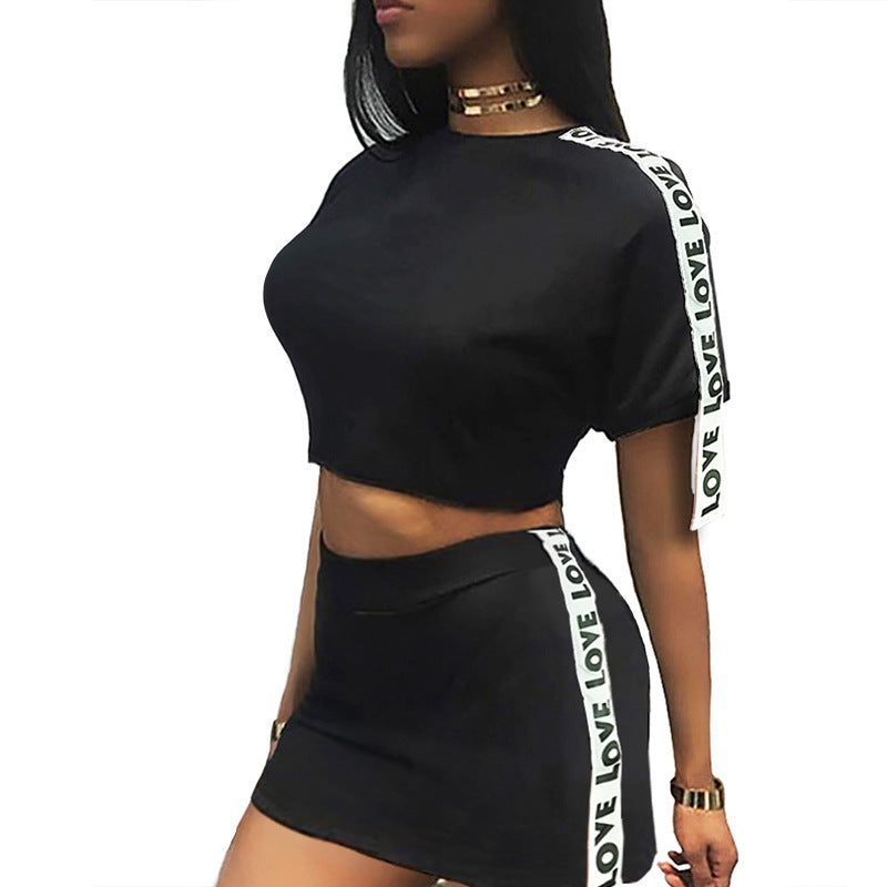 Patchwork Crop Top with High Waist Short Skirt Two Pieces Dress Set
