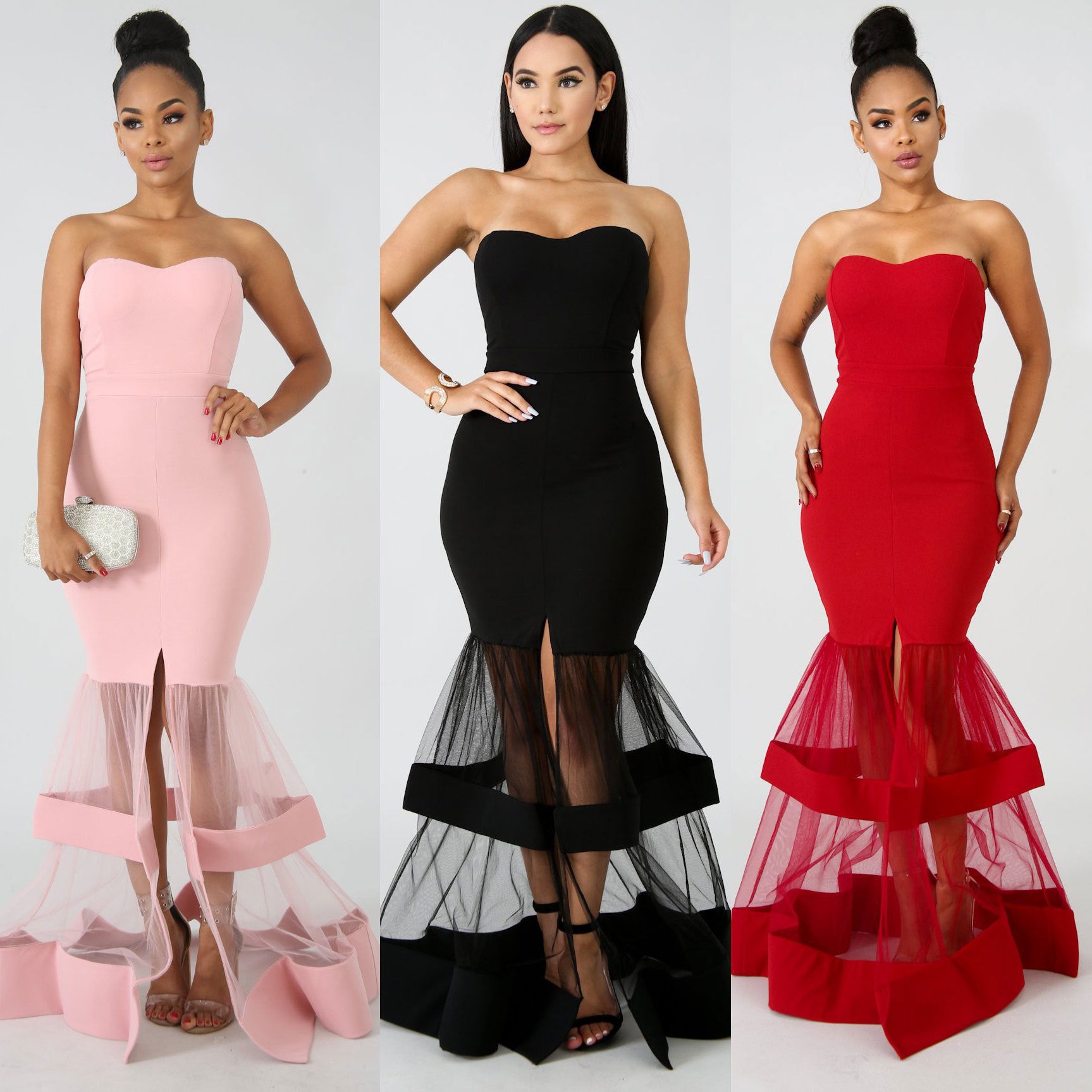 Strapless Mesh Patchwork Split Long Mermaid Solid Color Women Long Dress