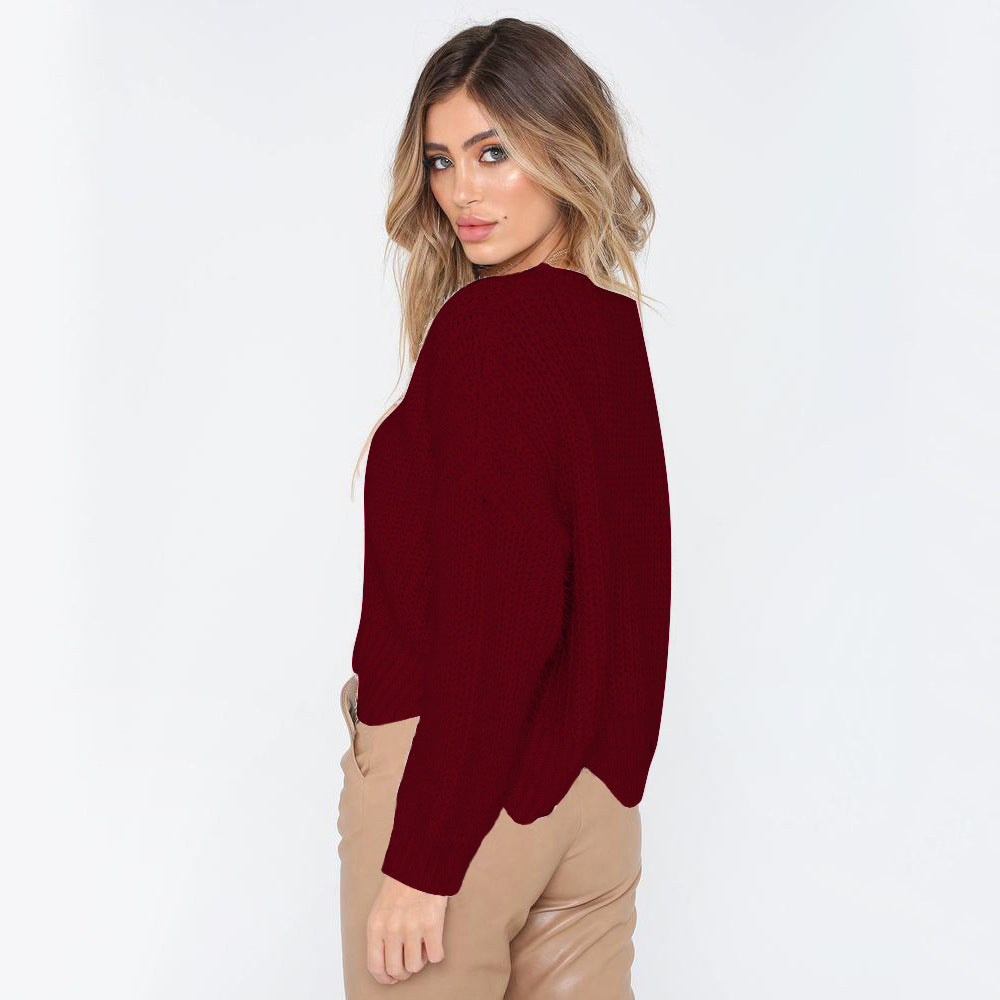 Round Neck Solid Color Irregular Loose Women's Sweater