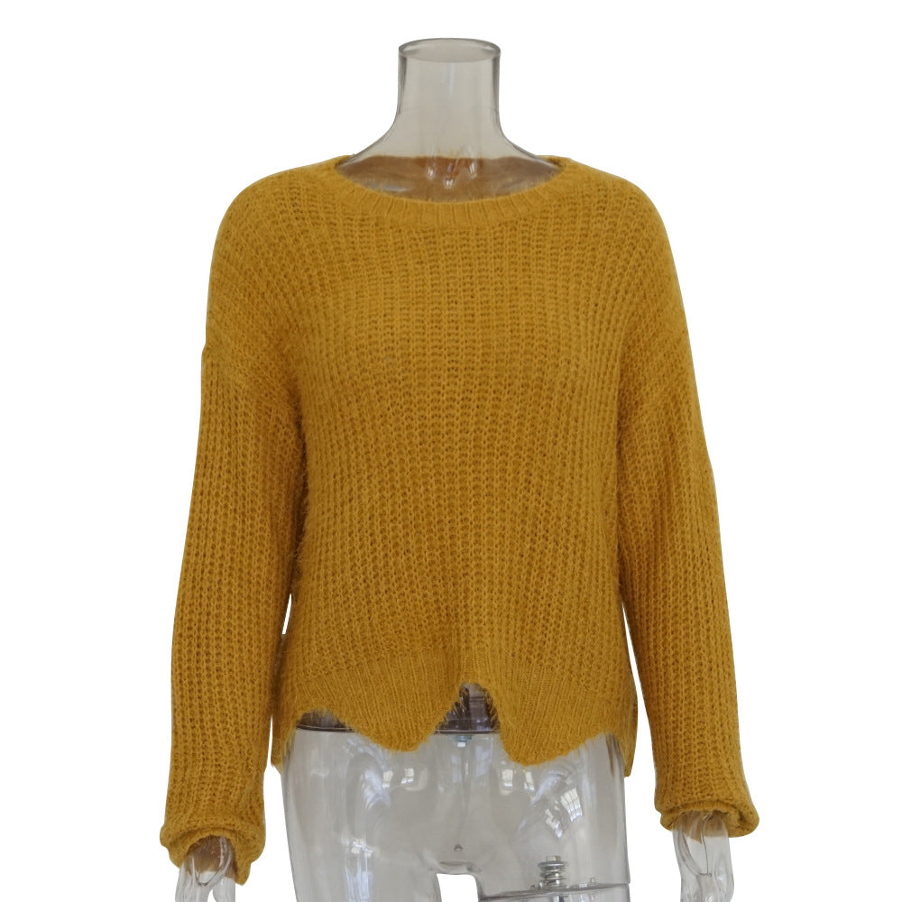 Round Neck Solid Color Irregular Loose Women's Sweater