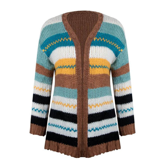 Open Front Colorblock Striped Knit Cardigan