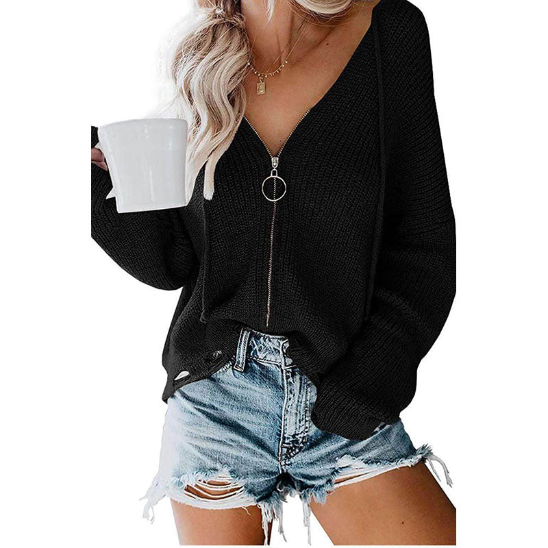 V Neck Zipper Hooded Cardigan