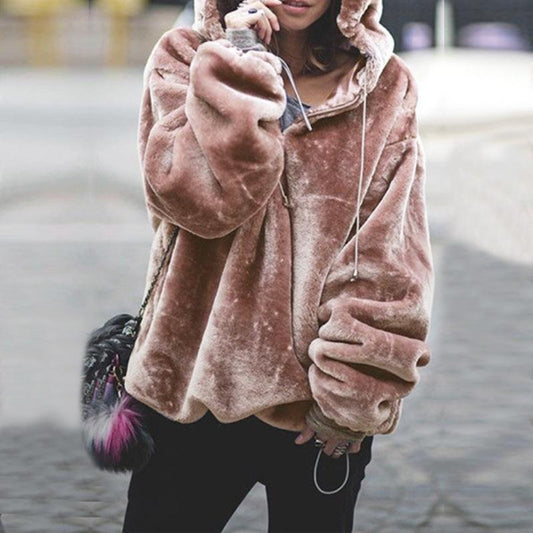 Gray, Pink, Burgundy, Beige, Light Brown Women Loose Hooded Teddy Coat