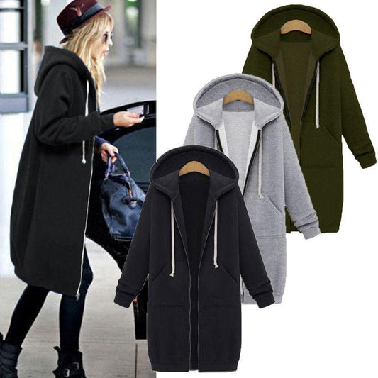 Pure Color Zipper Drawstring Pockets Women Oversized Hooded Coat