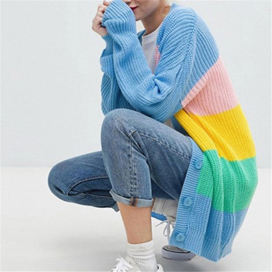 Rainbow Stripe Color Patchwork Buttons Long Oversized Women Cardigan