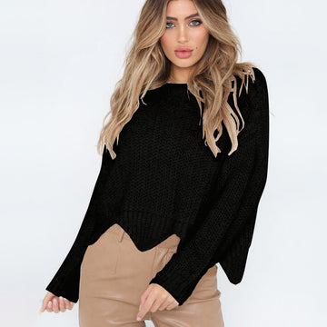 Round Neck Solid Color Irregular Loose Women's Sweater