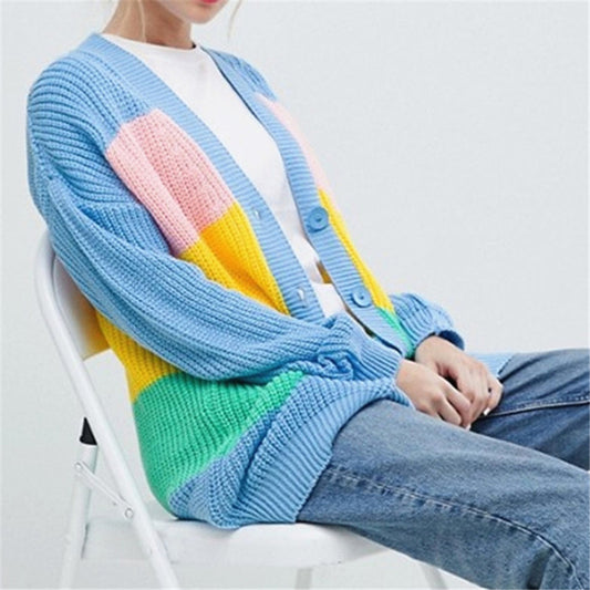 Rainbow Stripe Color Patchwork Buttons Long Oversized Women Cardigan