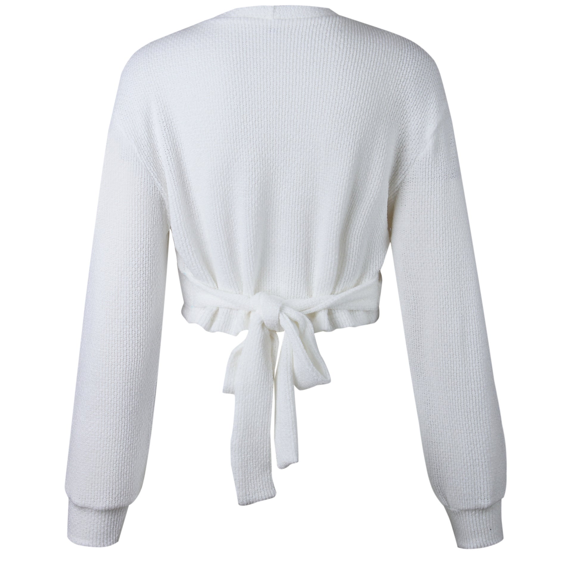 V-neck Long Bishop Sleeves Women Pullover White Wrapped Cropped Sweater