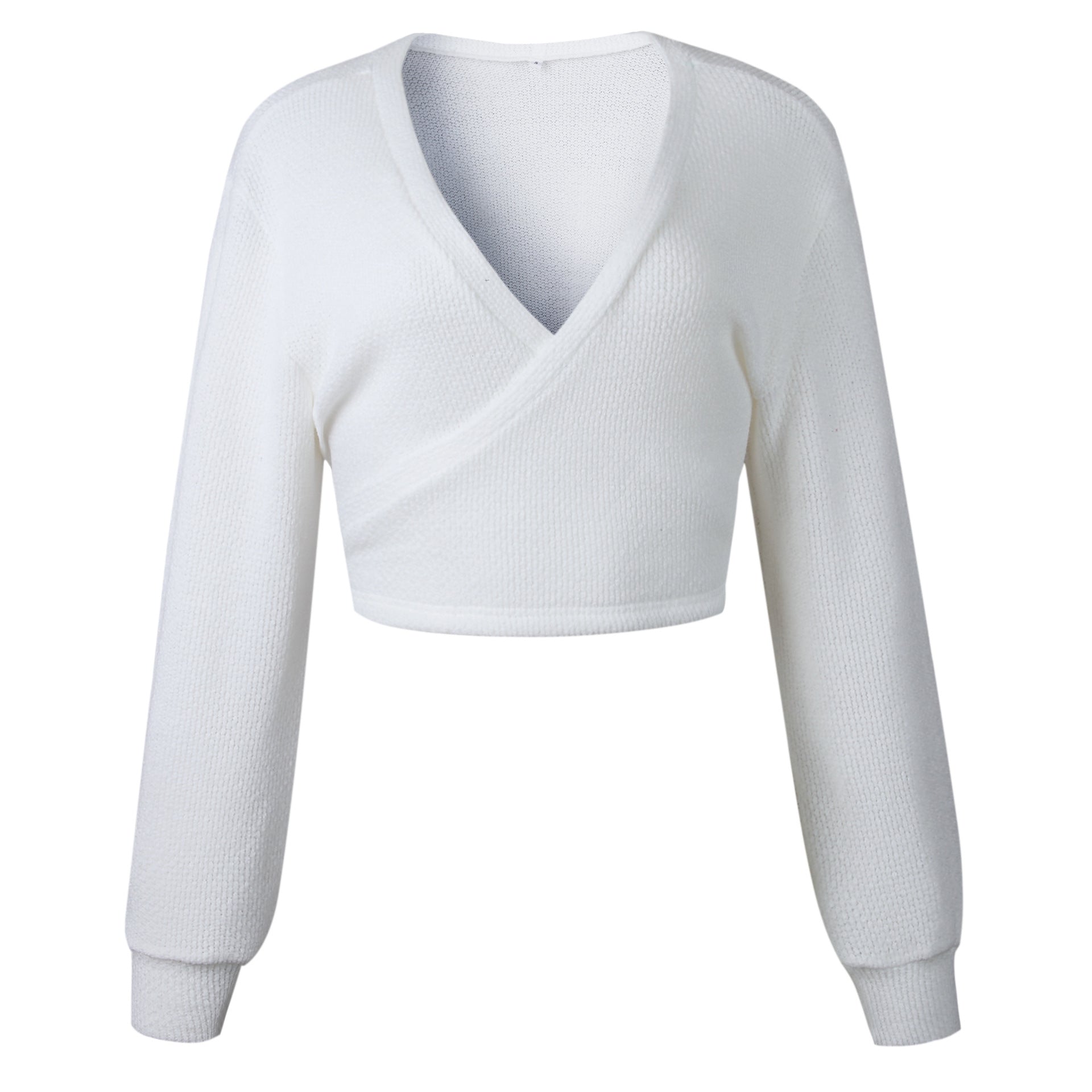 V-neck Long Bishop Sleeves Women Pullover White Wrapped Cropped Sweater