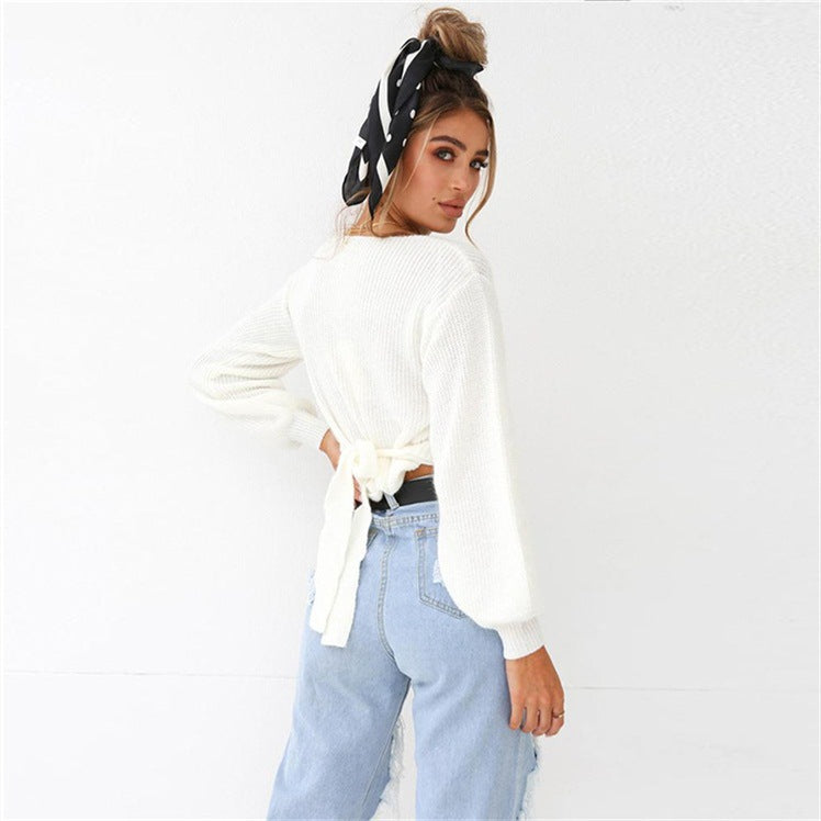 V-neck Long Bishop Sleeves Women Pullover White Wrapped Cropped Sweater