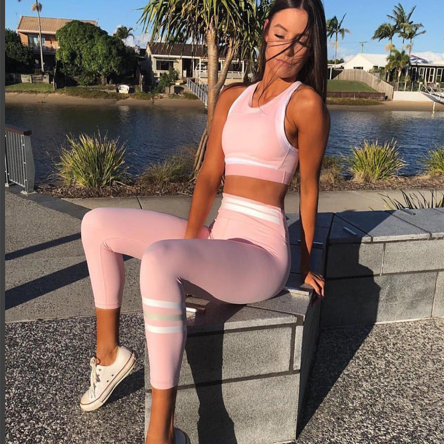 Crop Top with High Waist 9/10 Leggings Women Pink Two Pieces Yoga Sports Set